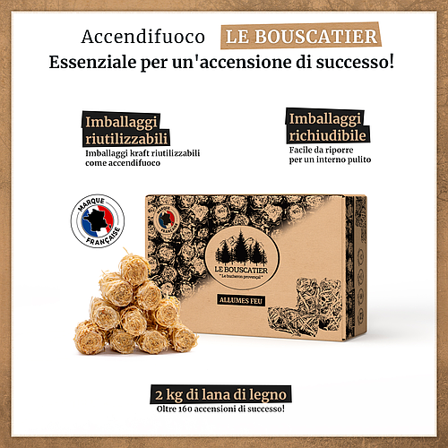 Carton 2Kg allume feu en laine de bois 100% naturel - Le Bouscatier