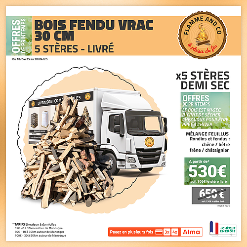 Stères de bois 30cm fendu vrac livrés