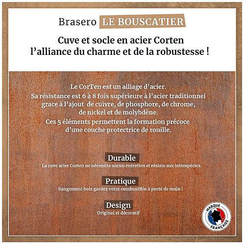 Lou Bouscarian - Brasero plancha avec Rangement bûches en acier corten- Grille et stop food inclus