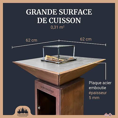 Lou provençau - Brasero plancha en acier corten avec rangement bûches - grille et stop food inclus