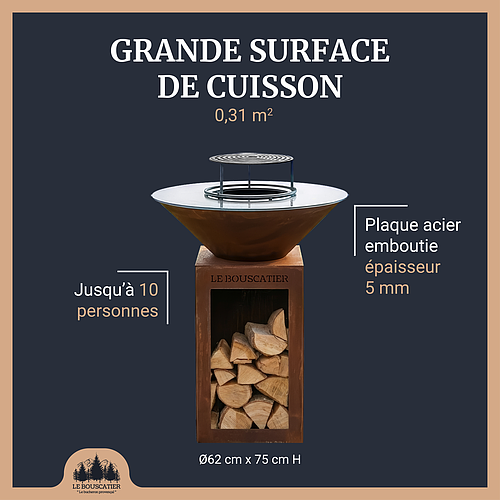Lou provençau rond diam 62cm - Brasero plancha en acier corten avec rangement bûches - grille et stop food inclus