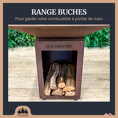 Pack Lou provençau - Brasero plancha en acier corten avec rangement bûches - grille et stop food inclus 
