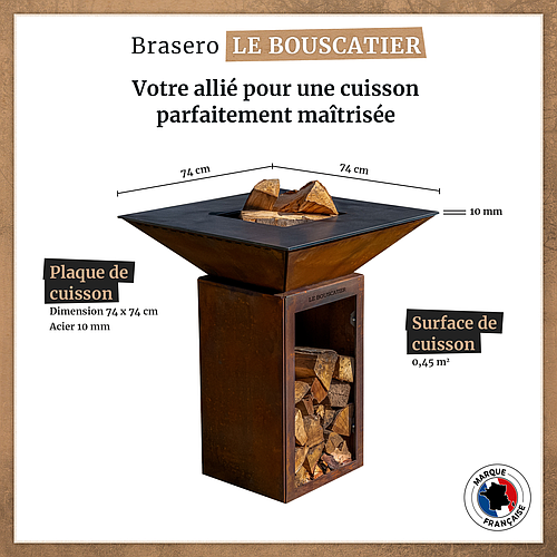 Pack Lou Bouscarian - Brasero plancha en acier corten avec rangement bûches - grille et stop food inclus 