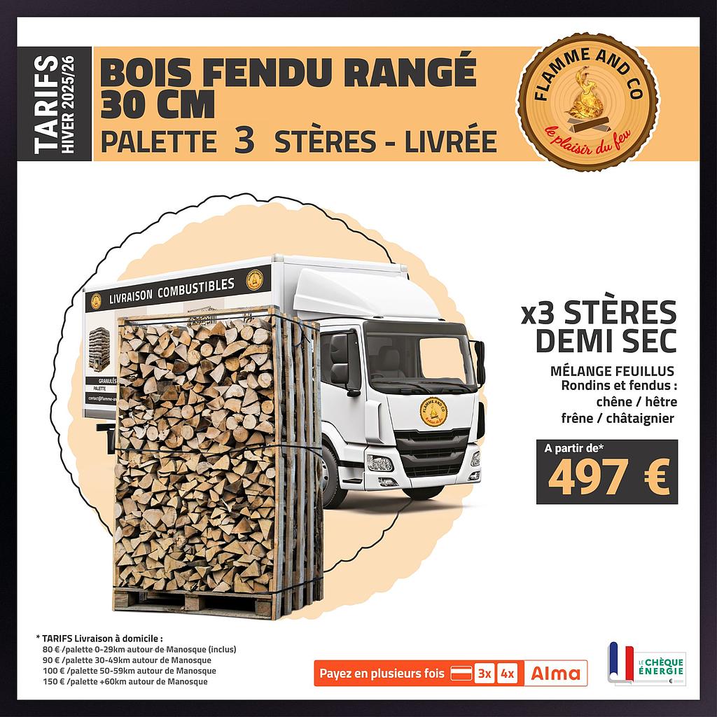 Box bois fendu 30cm 2m3 livré