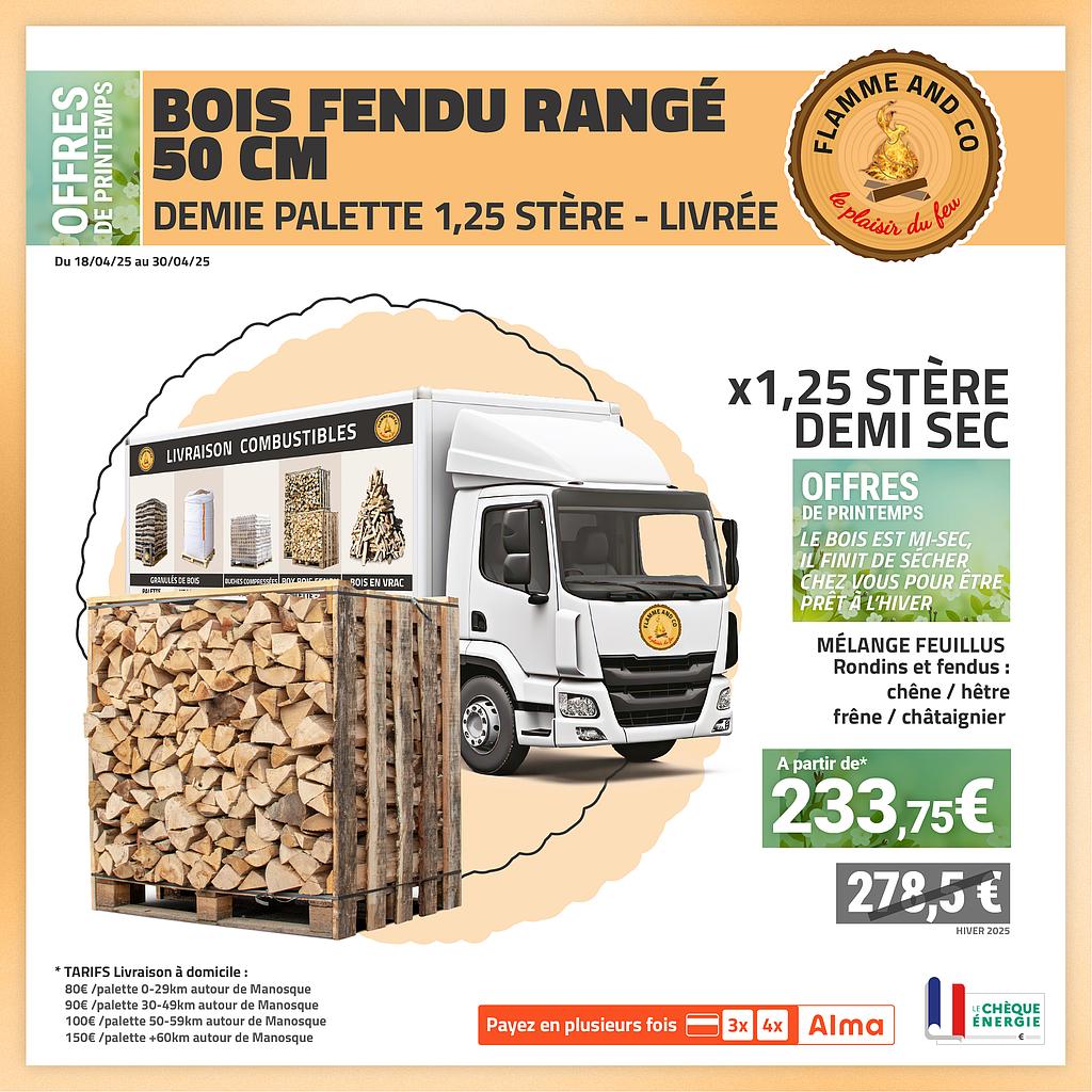 Palette de bois fendu 50cm de 1,25 stères livrée